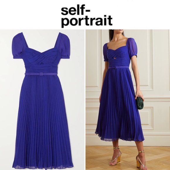 Self-Portrait Cobalt Blue Pleated Chiffon Midi Dress sz 2...
